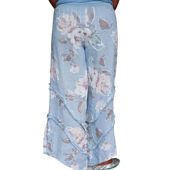 NEW LOOK MODE USA floral linen pants with ruffle detailed leg in dusty blue - Picture 3 of 5